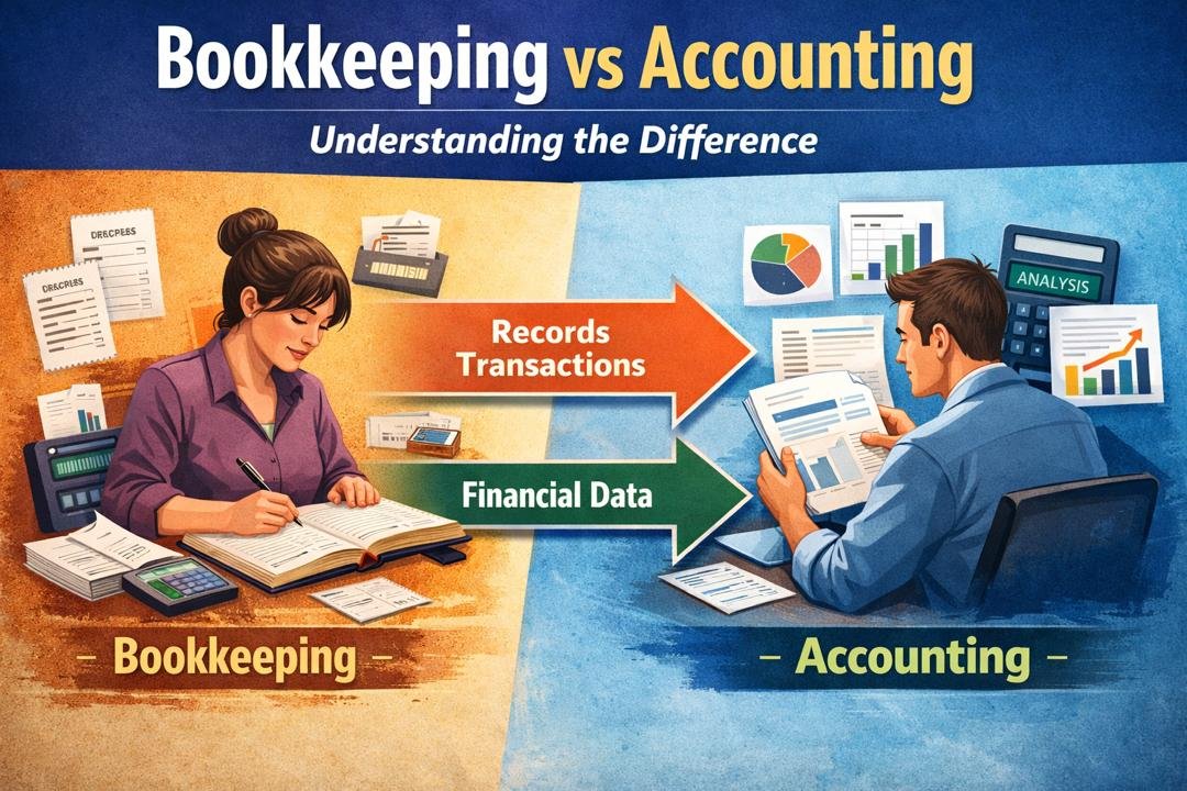 Bookkeeping vs Accounting showing recording and financial analysis