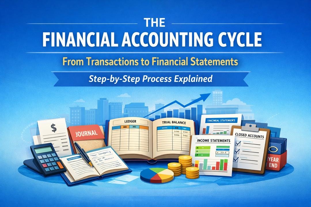 Illustration showing the financial accounting cycle from transaction recording to financial statements preparation