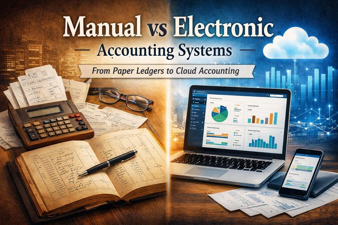 Manual vs Electronic Accounting Systems showing paper ledger compared to cloud accounting software
