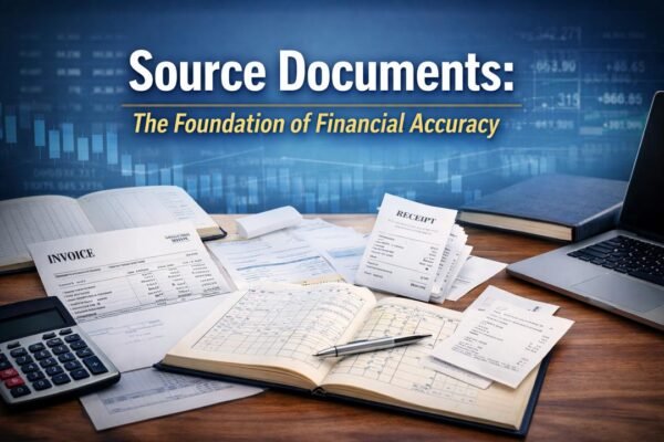 Source Documents in Accounting showing invoices, receipts, ledger and financial records on desk