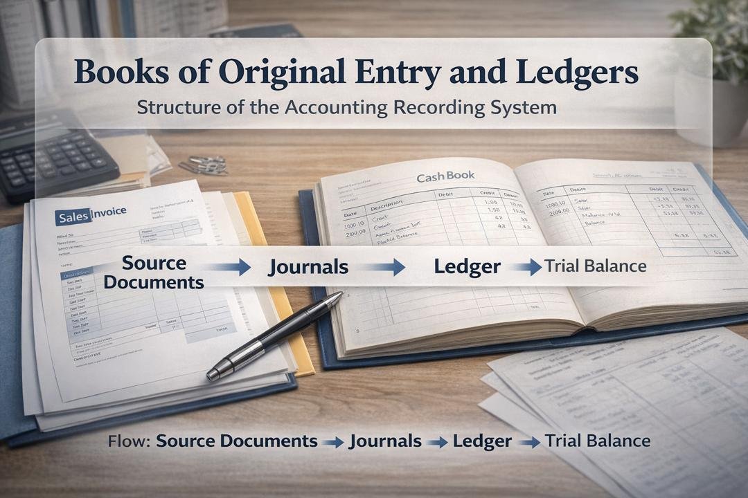 Books of Original Entry and Ledgers showing accounting recording system flow from source documents to ledger
