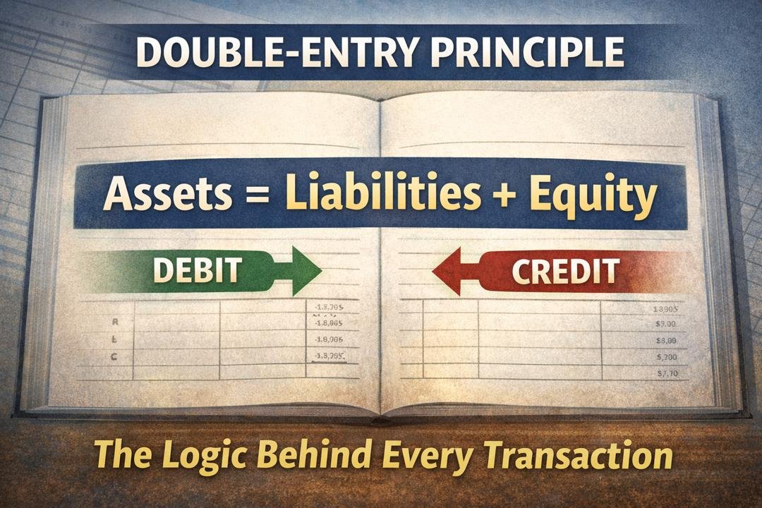Double-Entry Principle and Accounting Equation showing Assets equals Liabilities plus Equity in a ledger format