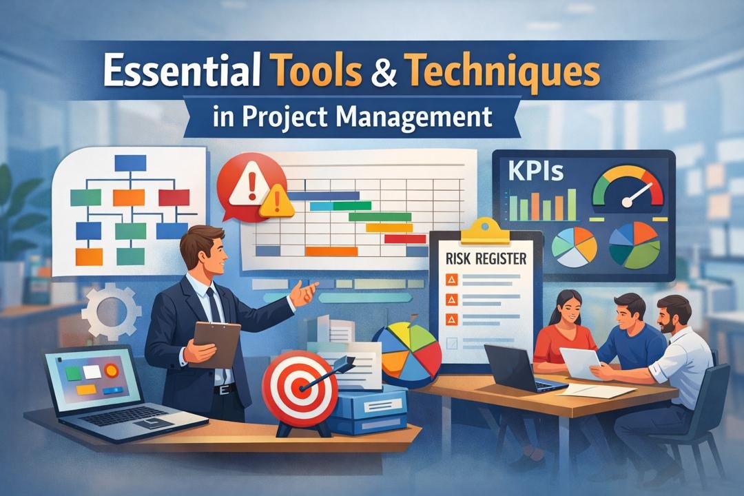 Essential tools and techniques in project management showing WBS, Gantt chart, risk register and performance metrics