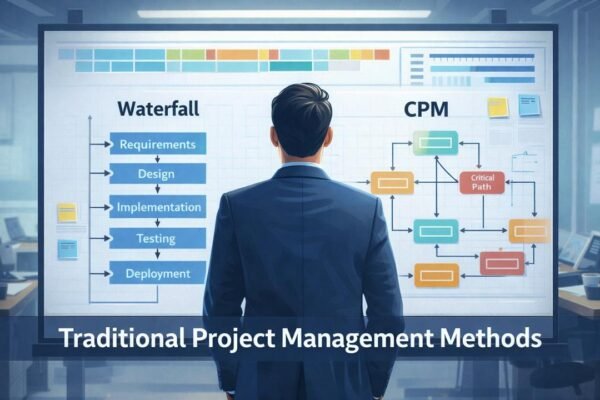 Traditional project management methods showing Waterfall and Critical Path Method planning diagrams.