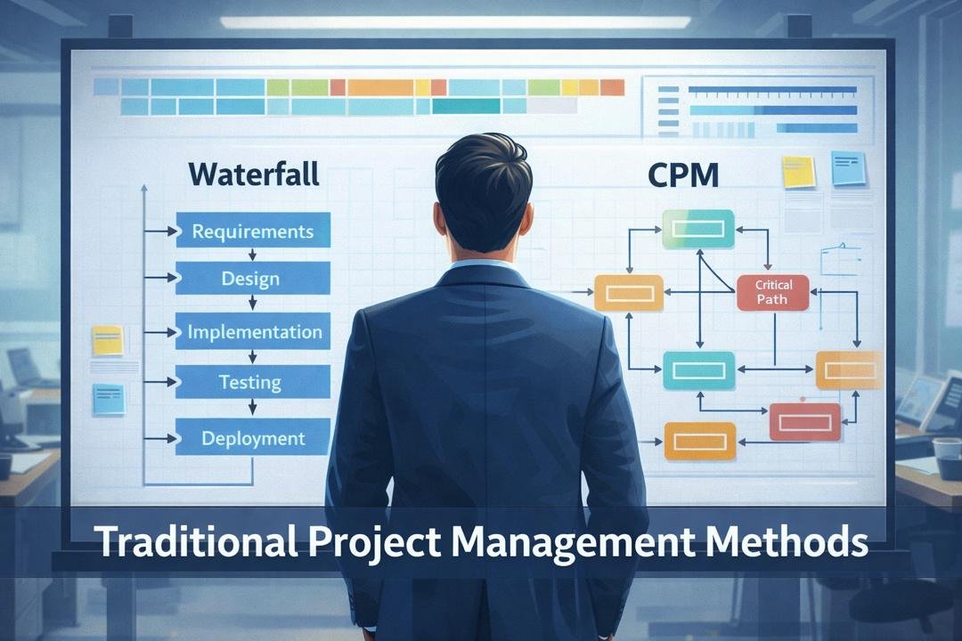Traditional project management methods showing Waterfall and Critical Path Method planning diagrams.