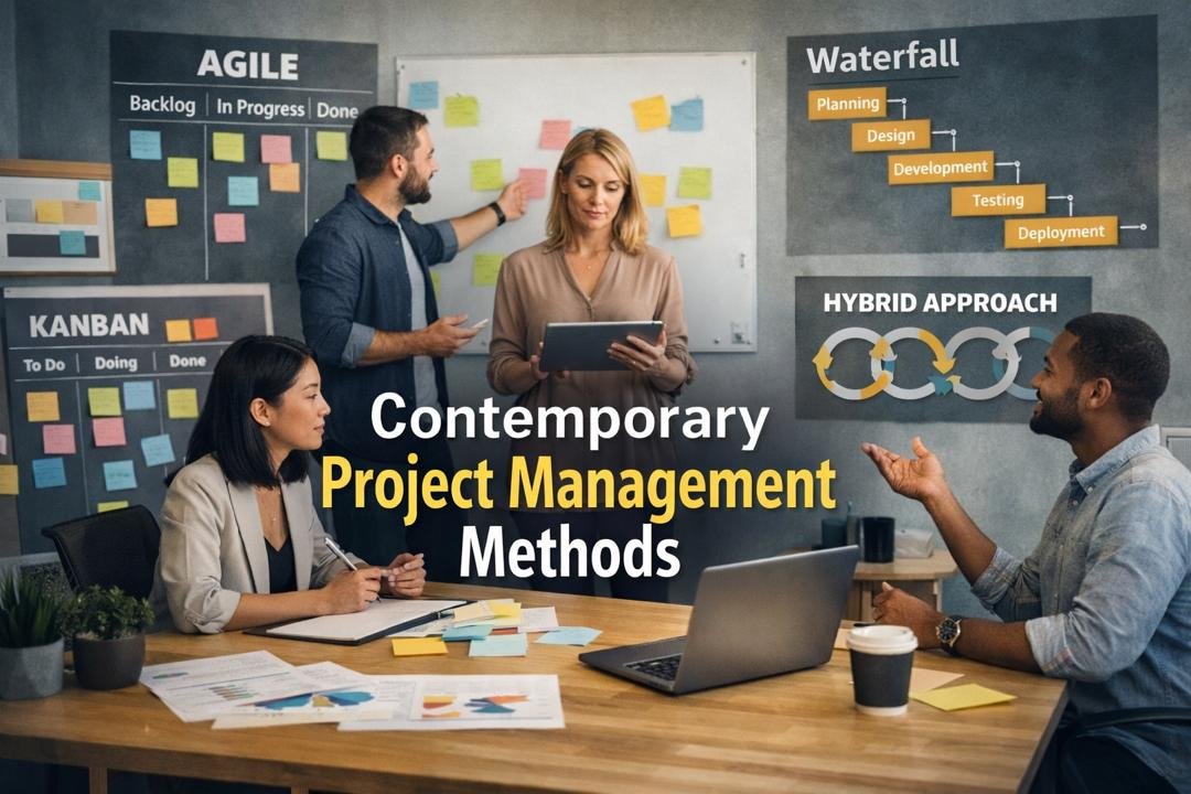 Contemporary project management methods showing Agile, Scrum, and Kanban collaboration in a modern workplace