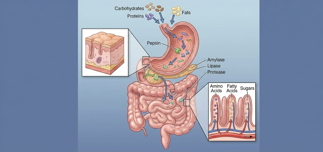 biological processes involved in digestion showing nutrient breakdown