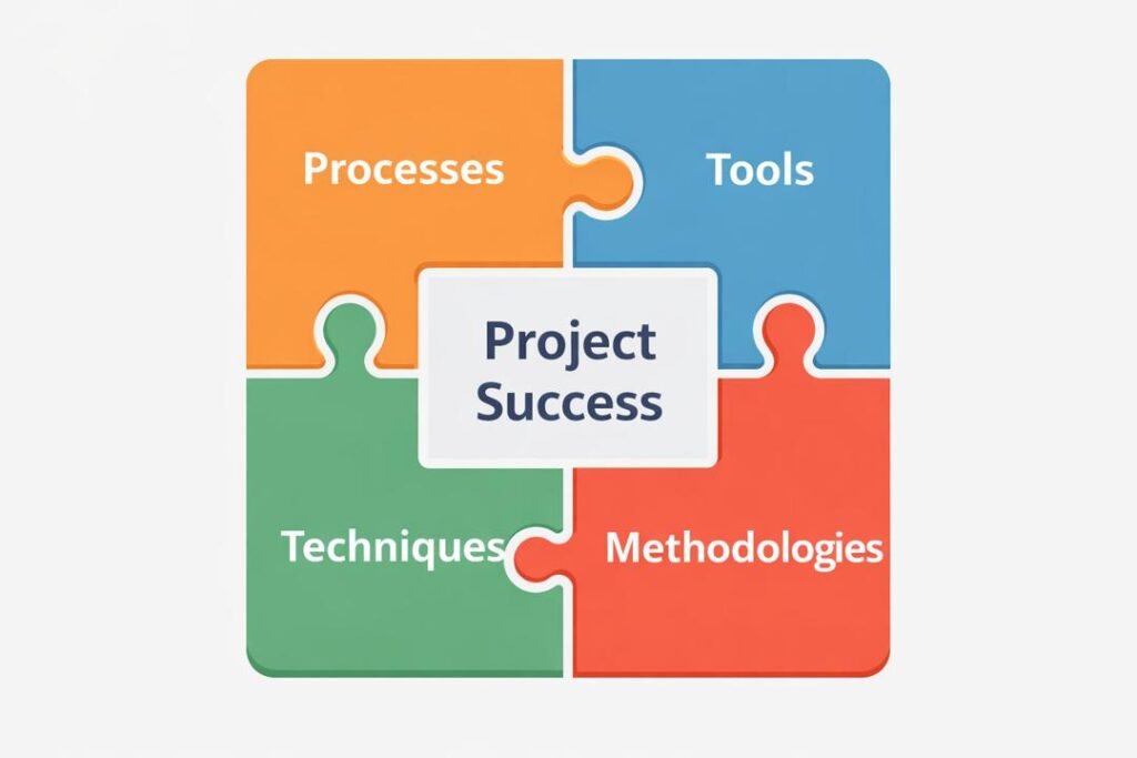 Integrated project management showing processes, tools, techniques and methodologies