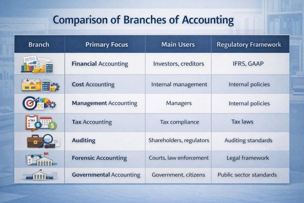 Comparative overview of Branches of Accounting and their primary focus