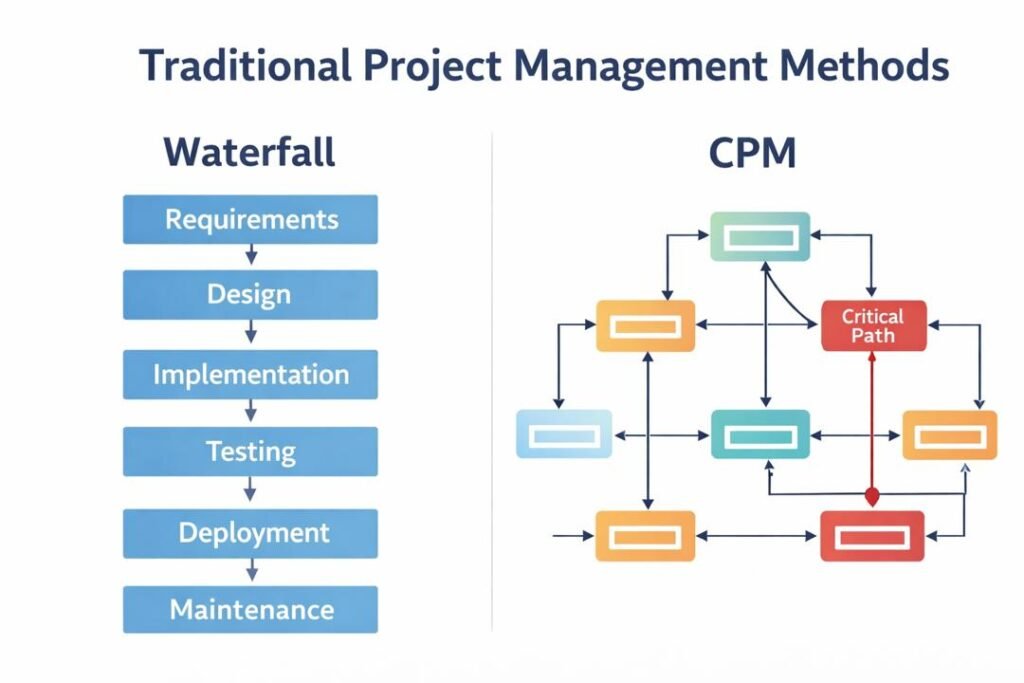 Traditional project management methods illustrated using the Waterfall project lifecycle stages and the Critical Path Method task dependencies.
