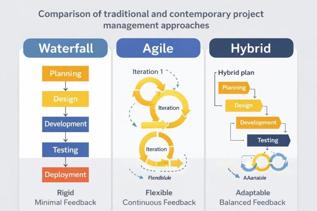 Diagram explaining contemporary project management methods including Agile, Scrum, and hybrid models