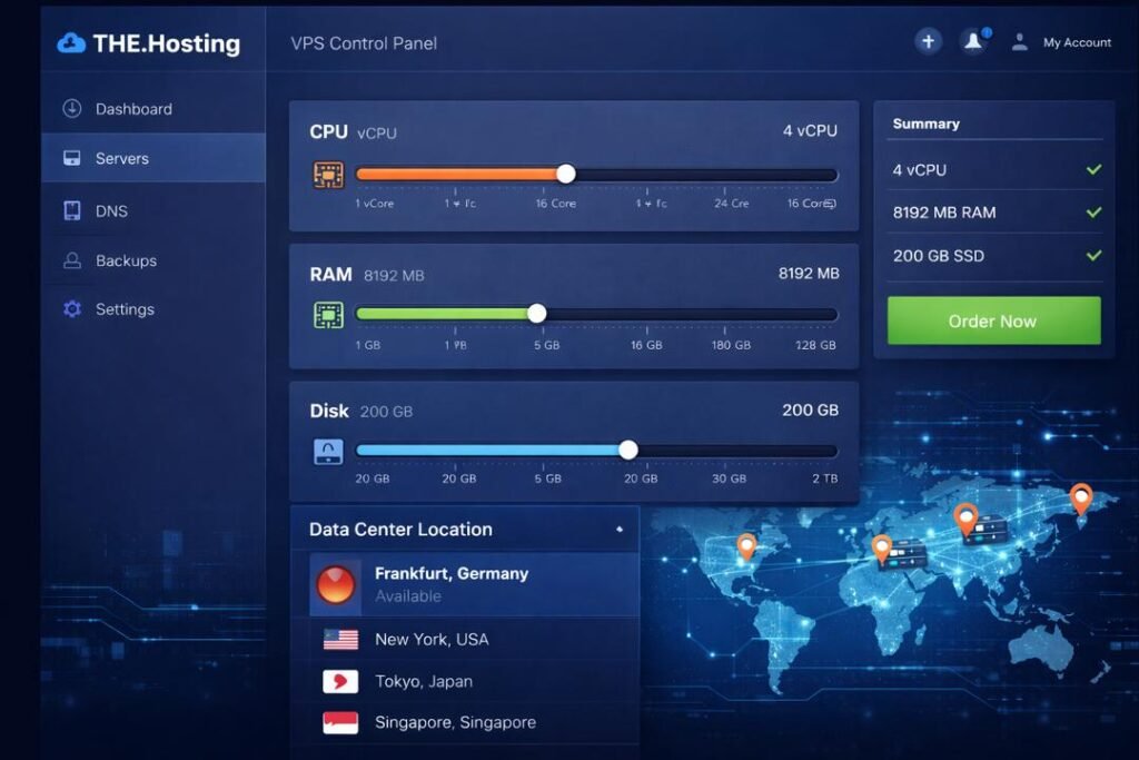 Flexible VPS hosting with THE.Hosting CPU RAM and storage configuration