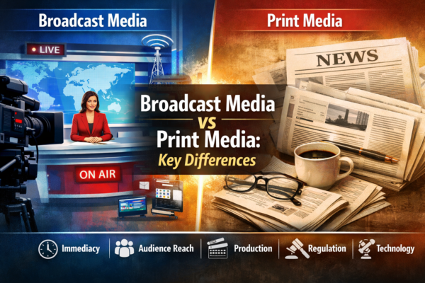 Distinctions between broadcast media and print media illustrated through a split image showing a live television newsroom alongside traditional newspapers and print journalism materials.