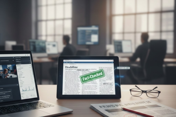 A modern editorial desk featuring a laptop, a newspaper with a red editing pencil, and a digital tablet displaying a "Fact-Checked" badge in a blurred newsroom setting. This shows news editing.