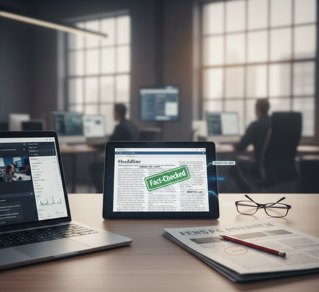 A modern editorial desk featuring a laptop, a newspaper with a red editing pencil, and a digital tablet displaying a "Fact-Checked" badge in a blurred newsroom setting. This shows news editing.