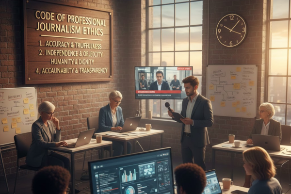 A wide-angle shot of a busy, professional newsroom in a modern loft office. In the background, a large wooden plaque on a brick wall lists the "Code of Professional Journalism Ethics," featuring points like Accuracy, Independence, and Transparency. Journalists are seen working at desks with "Fact-Checking" visible on their monitors, while a news anchor records a segment in the center. The warm lighting emphasizes a mood of integrity and serious intellectual work.