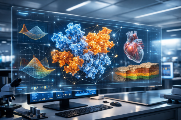 3D scientific visualization showing molecular structure, human heart model, and geological terrain created using geometric modeling