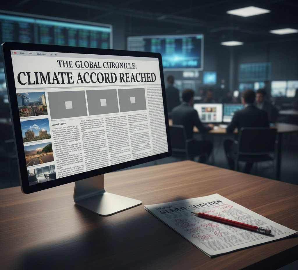 A modern computer monitor displaying a digital news layout next to a printed newspaper proof with red editorial marks and a pencil on a wooden desk, symbolizing professional news editing in a blurred newsroom background.