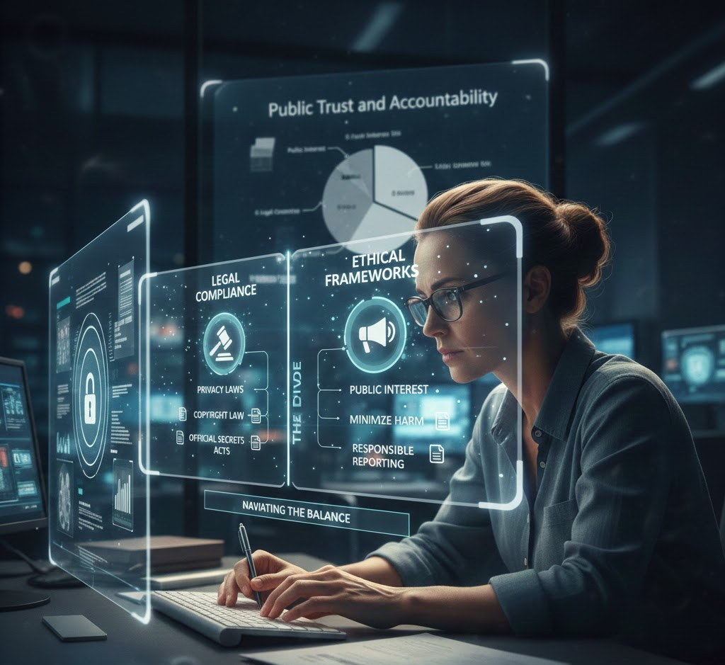 A professional female journalist working at a modern desk with holographic displays showing icons for copyright, official secrets, and privacy laws, symbolizing the intersection of journalism ethics and legal frameworks.