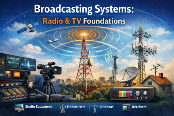 Illustration showing the foundations of broadcasting systems, including a radio and TV studio with microphones and cameras, transmission towers emitting signal waves, satellite and antenna systems, and a receiver, representing the flow of audio and visual signals from production to audience.