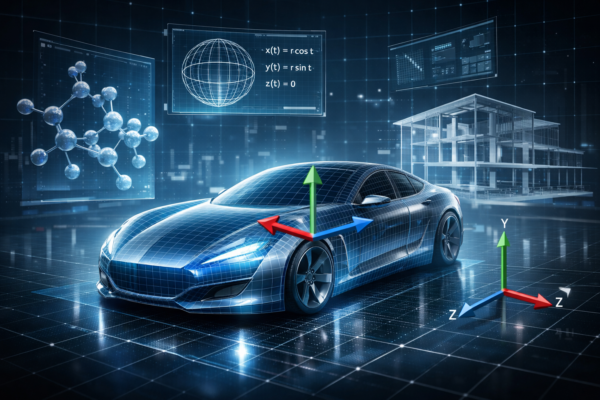 Futuristic CAD workspace with 3D parametric car body, vector arrows, and geometric models of molecules and architecture on a digital grid.