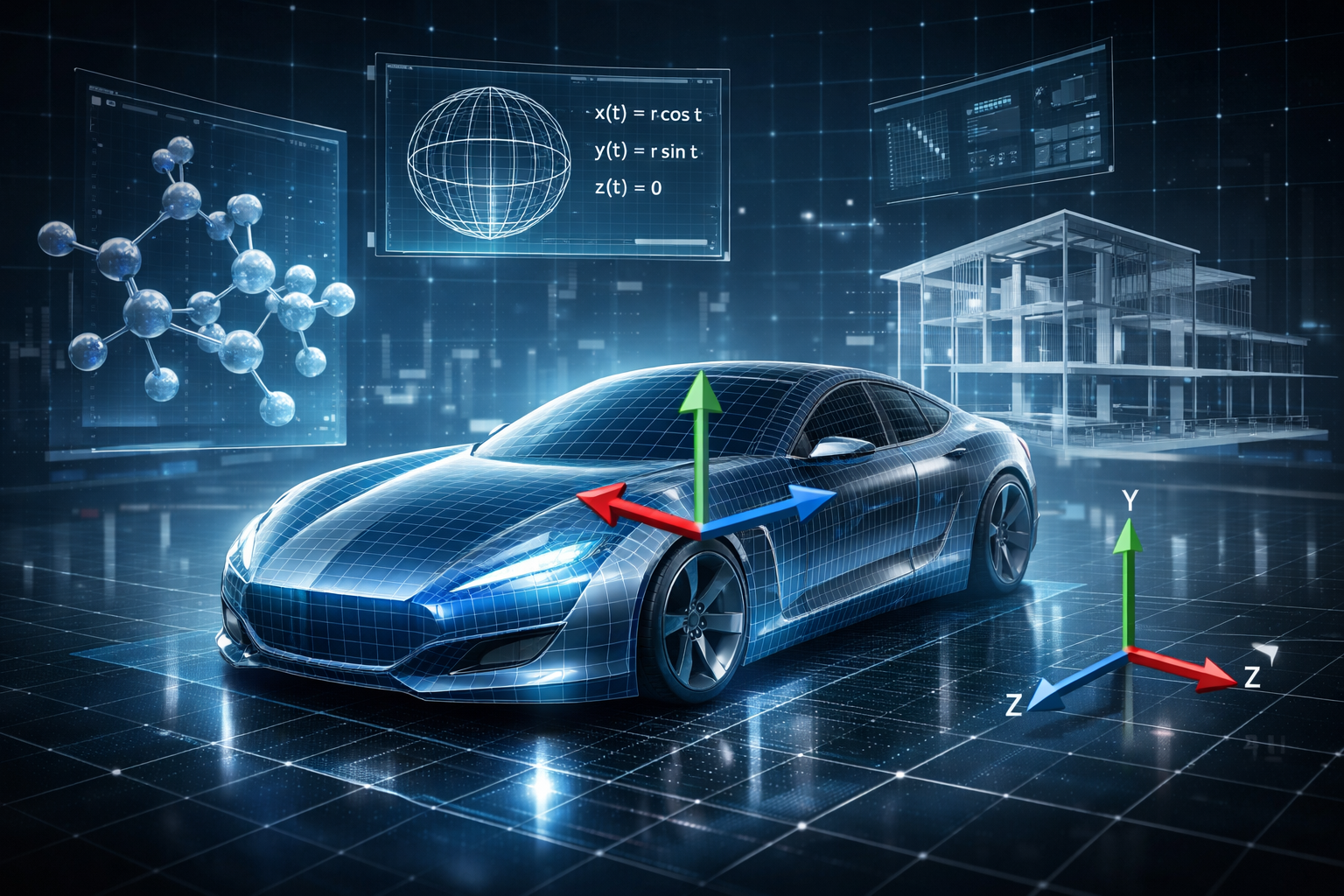 Futuristic CAD workspace with 3D parametric car body, vector arrows, and geometric models of molecules and architecture on a digital grid.