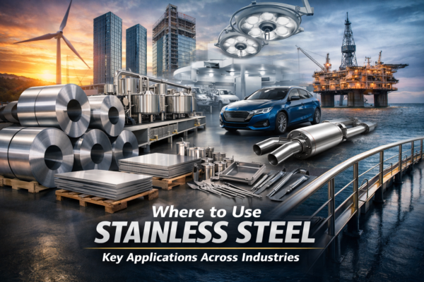 image illustrating stainless steel supplier materials used across construction, healthcare, automotive, marine, and energy industries displayed in a modern industrial setting