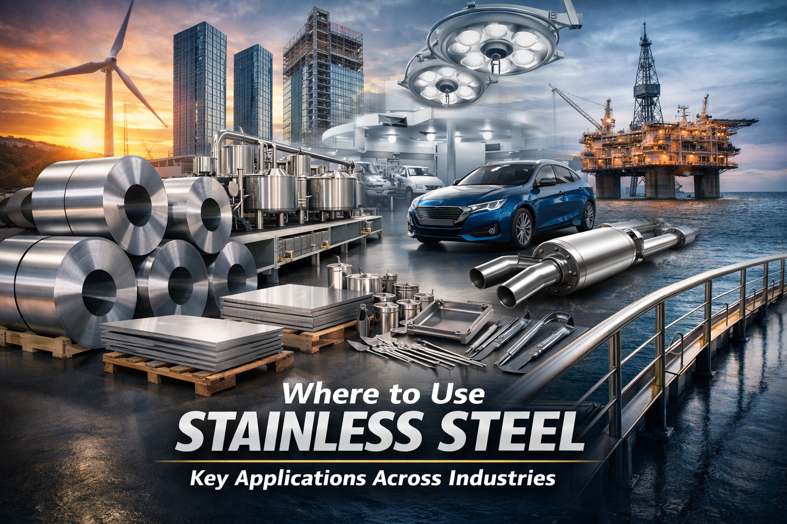 image illustrating stainless steel supplier materials used across construction, healthcare, automotive, marine, and energy industries displayed in a modern industrial setting
