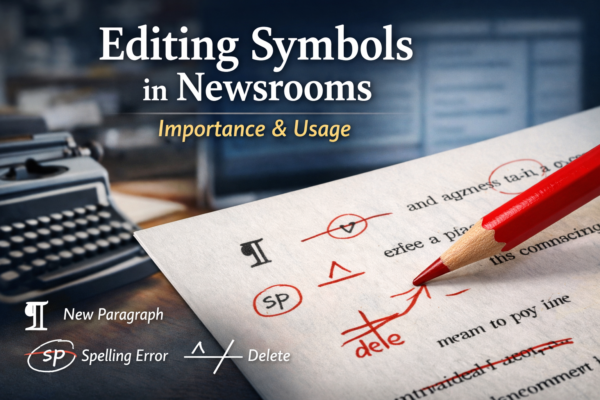 Editing symbols and proofreading marks used in newsroom editing and newspaper production workflow.