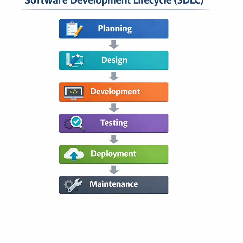 Flowchart illustrating the stages of the Software Development Lifecycle (SDLC) including planning, design, development, testing, deployment, and maintenance.