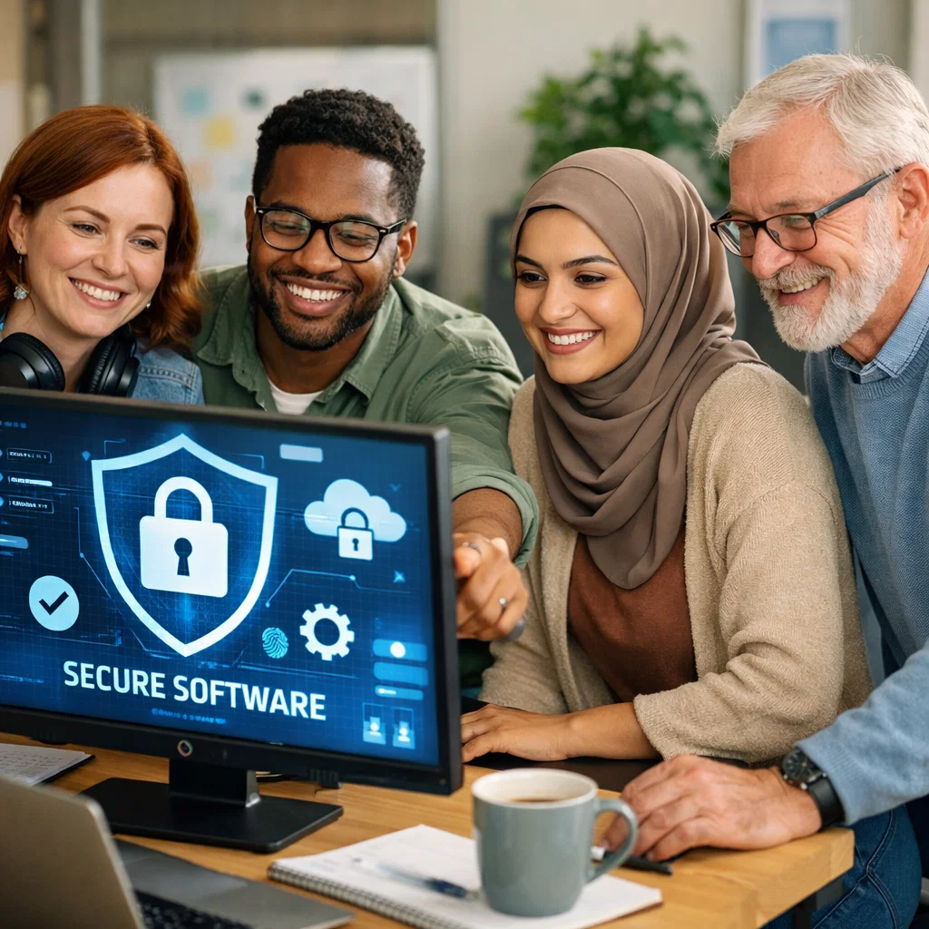 Diverse group of people using technology in a responsible, ethical way.