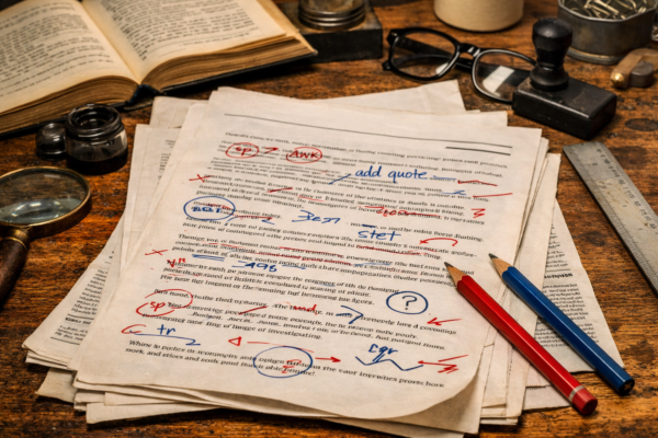 Traditional methods used in copy editing illustrated through handwritten proofreading marks on newspaper manuscripts.
