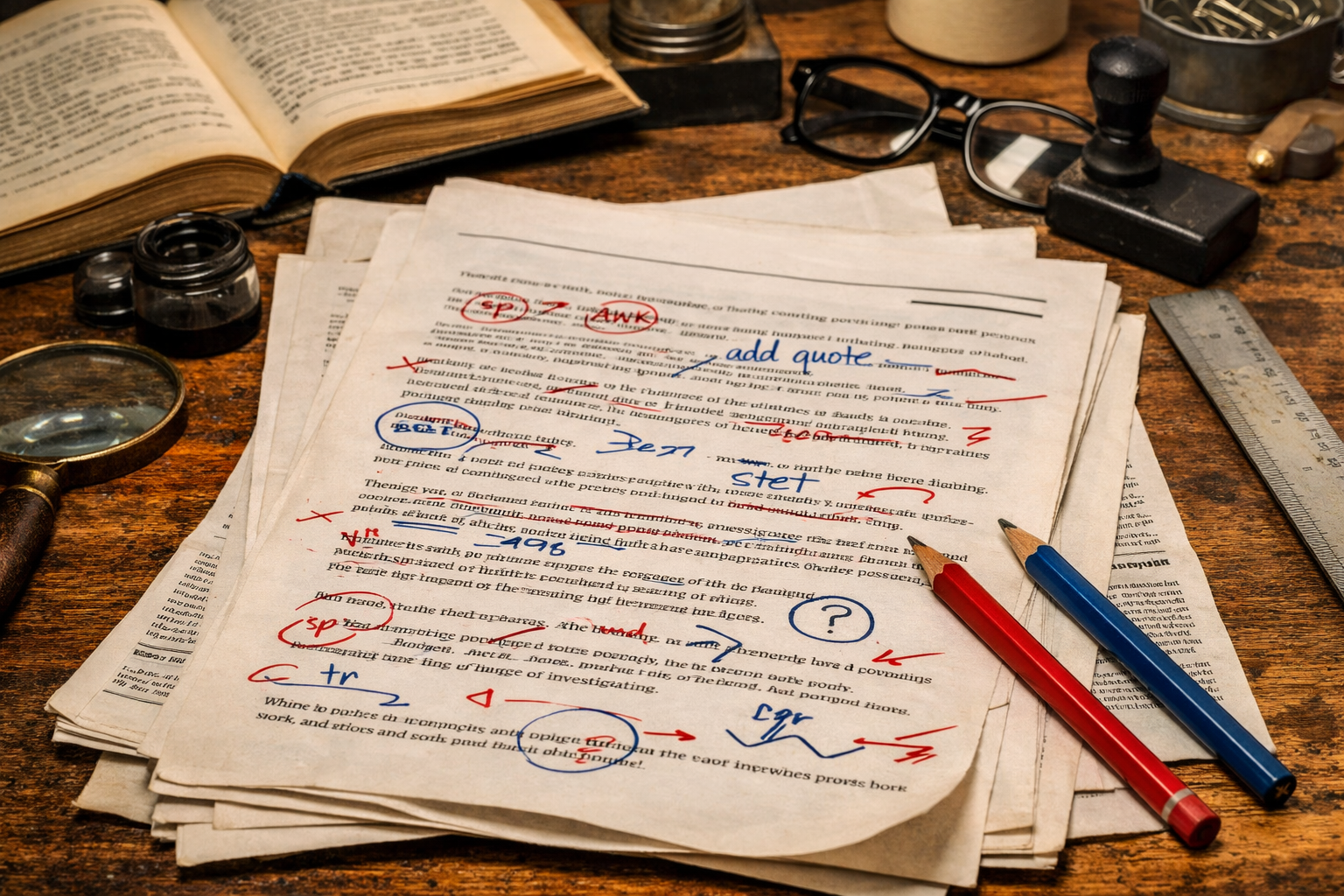 Traditional methods used in copy editing illustrated through handwritten proofreading marks on newspaper manuscripts.