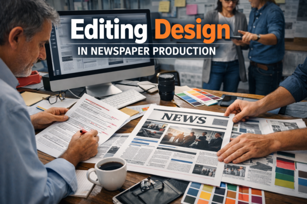 Newsroom professionals collaborating on editing design and page layout for successful news presentation in newspaper production.