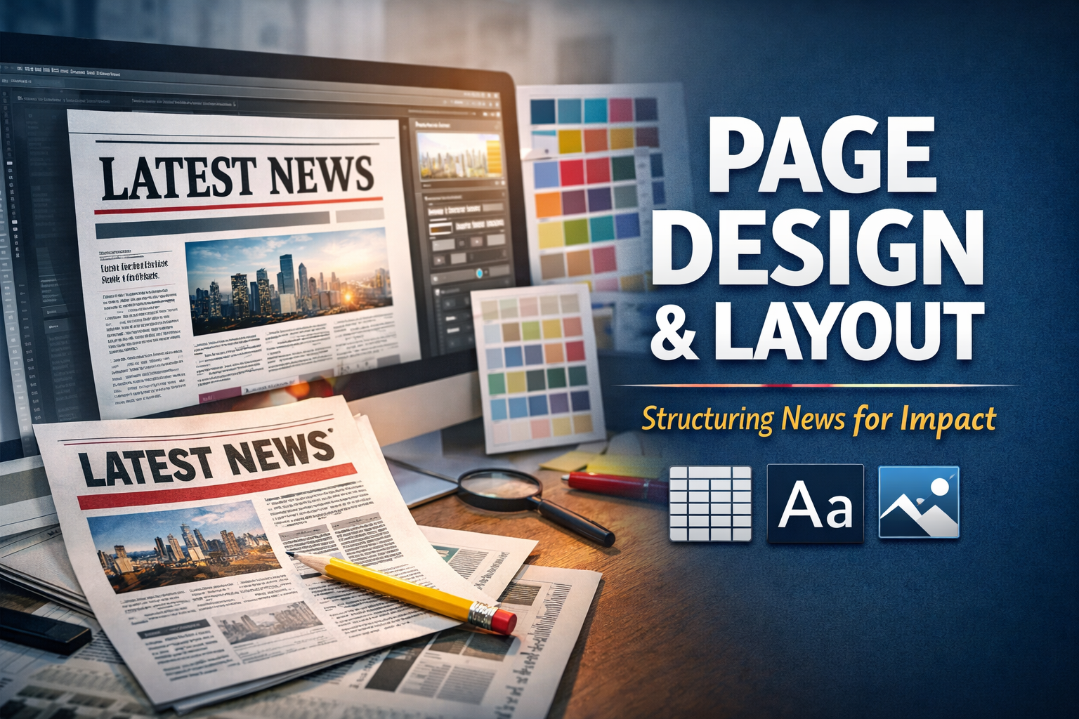 Digital newsroom workspace showing copy editing tools, a computer screen with edited text, proofreading marks, and modern journalism technology in use for page design