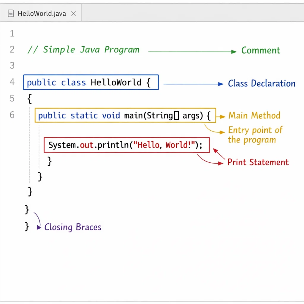 A simple Java program showcasing the structure of a Java class with the main method.