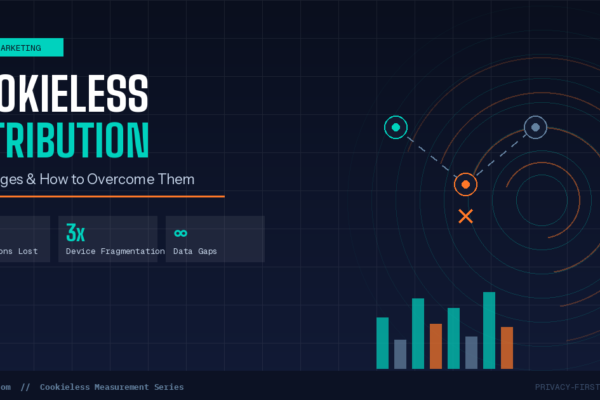 A dark navy digital marketing graphic titled "Cookieless Attribution: Challenges & How to Overcome Them" featuring concentric signal rings, fragmented device journey nodes, and analytics bar charts illustrating cross-device tracking loss and data gaps in cookieless measurement.