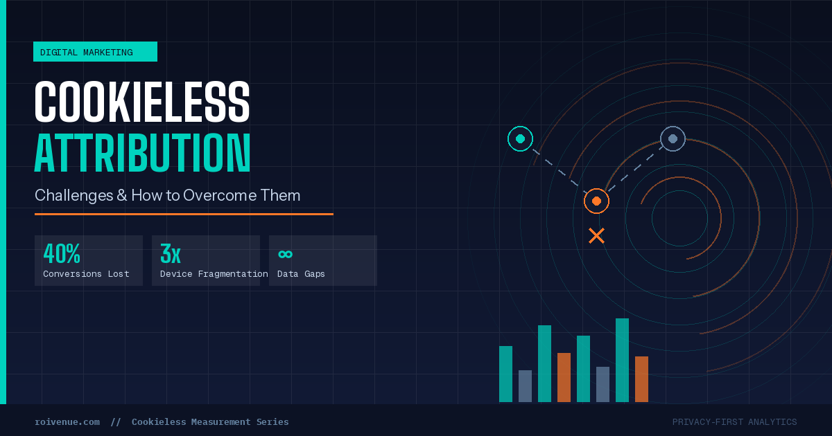 A dark navy digital marketing graphic titled "Cookieless Attribution: Challenges & How to Overcome Them" featuring concentric signal rings, fragmented device journey nodes, and analytics bar charts illustrating cross-device tracking loss and data gaps in cookieless measurement.