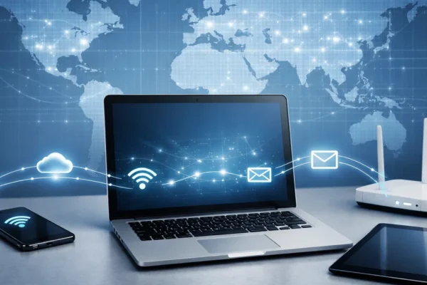 Featured image showing connected devices illustrating the basics of computer networking and internet communication