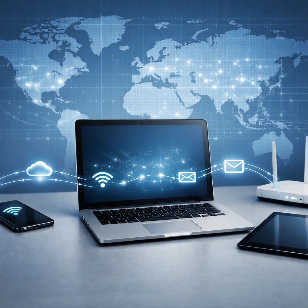Featured image showing connected devices illustrating the basics of computer networking and internet communication