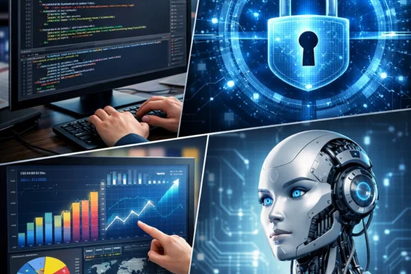 Montage of computer science careers showing coding, data visualization, cybersecurity, and AI/ML, representing the diverse opportunities in the field of technology.