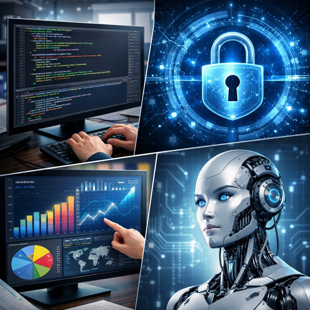 Montage of computer science careers showing coding, data visualization, cybersecurity, and AI/ML, representing the diverse opportunities in the field of technology.