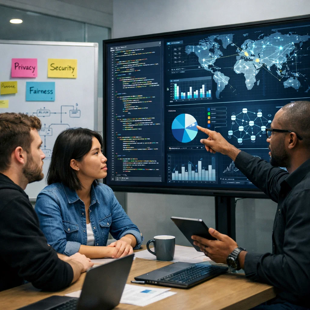 Diverse group of professionals discussing ethical decision-making in technology, focusing on privacy, security, and fairness in a modern office setting.