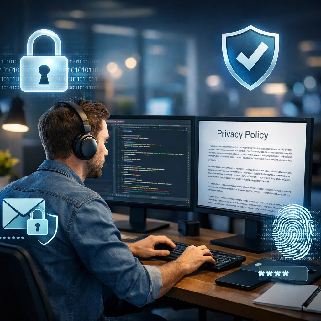 Software developer working on a computer with symbols of data privacy, encryption, and security around the screen, representing ethical data practices.