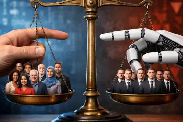 Illustration of AI decision-making with a balance scale, showcasing the challenge of balancing fairness and bias in algorithms.