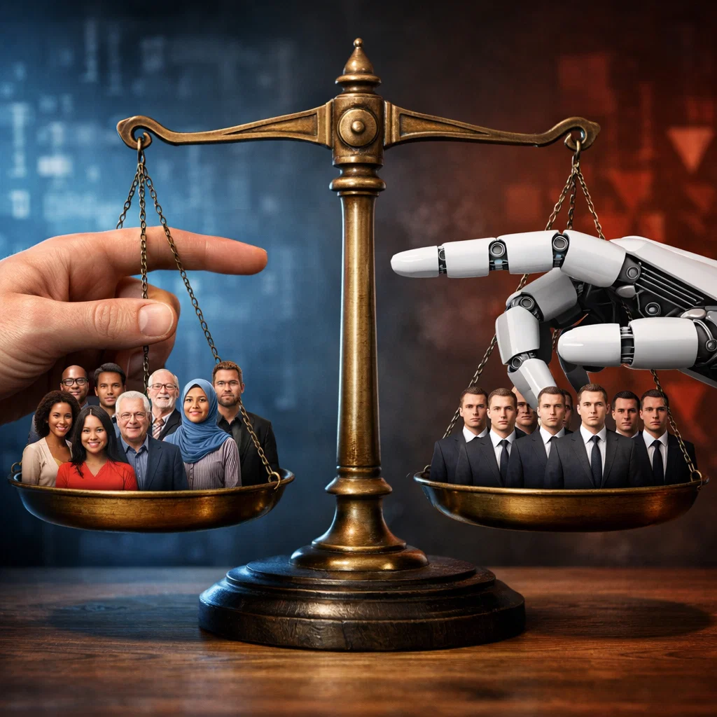 Illustration of AI decision-making with a balance scale, showcasing the challenge of balancing fairness and bias in algorithms.