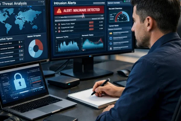 Cybersecurity professional reviewing network security dashboard and monitoring alerts on multiple screens.