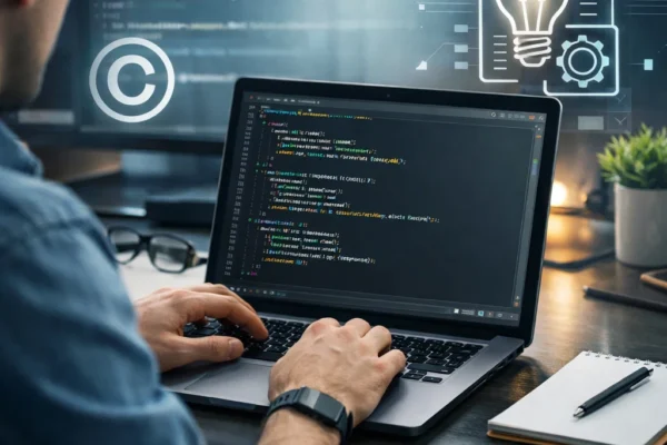 Programmer working in a tech workspace, with code on the screen and subtle icons representing intellectual property, symbolizing the importance of ethical coding and respecting software ownership.