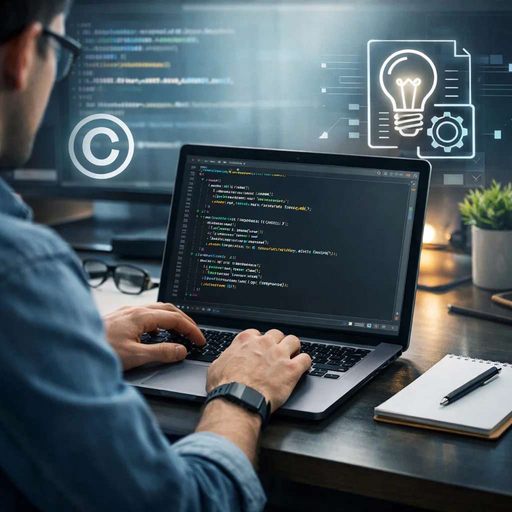 Programmer working in a tech workspace, with code on the screen and subtle icons representing intellectual property, symbolizing the importance of ethical coding and respecting software ownership.
