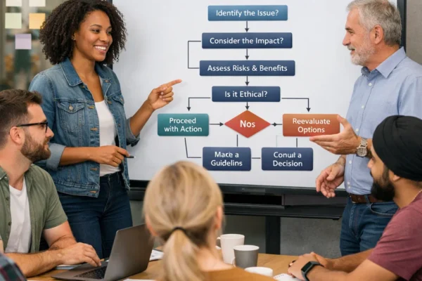 A diverse team of software developers and project managers collaborating on ethical decision-making in a software development project, with a digital flowchart on a screen.